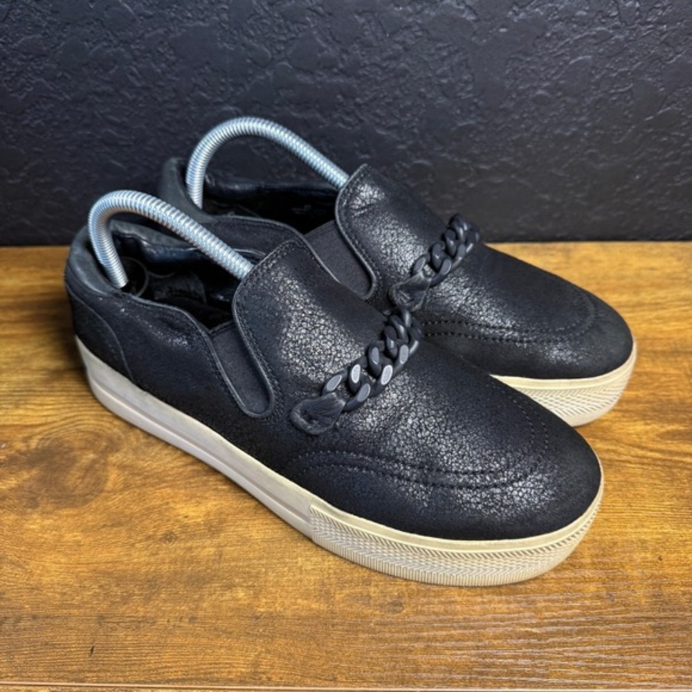 Ash Crackled‎ Leather Chain Detail Platform Slip-On Sneakers Black Womens 40